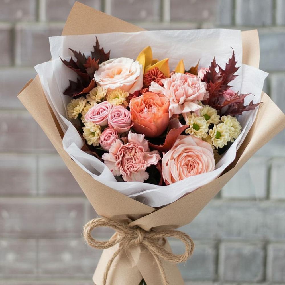 Букет осеннее настроение в Курчатове Букет цветов из: Гвоздики, Хризантемы и Розы в Курчатове