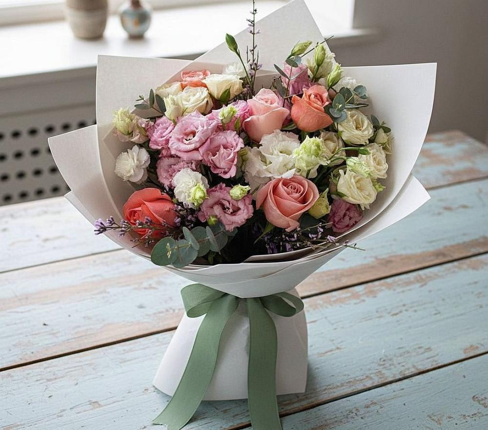 Букет далекие берега в Курчатове Букет цветов из: Розы, Лизиантусы и Гвоздики в Курчатове