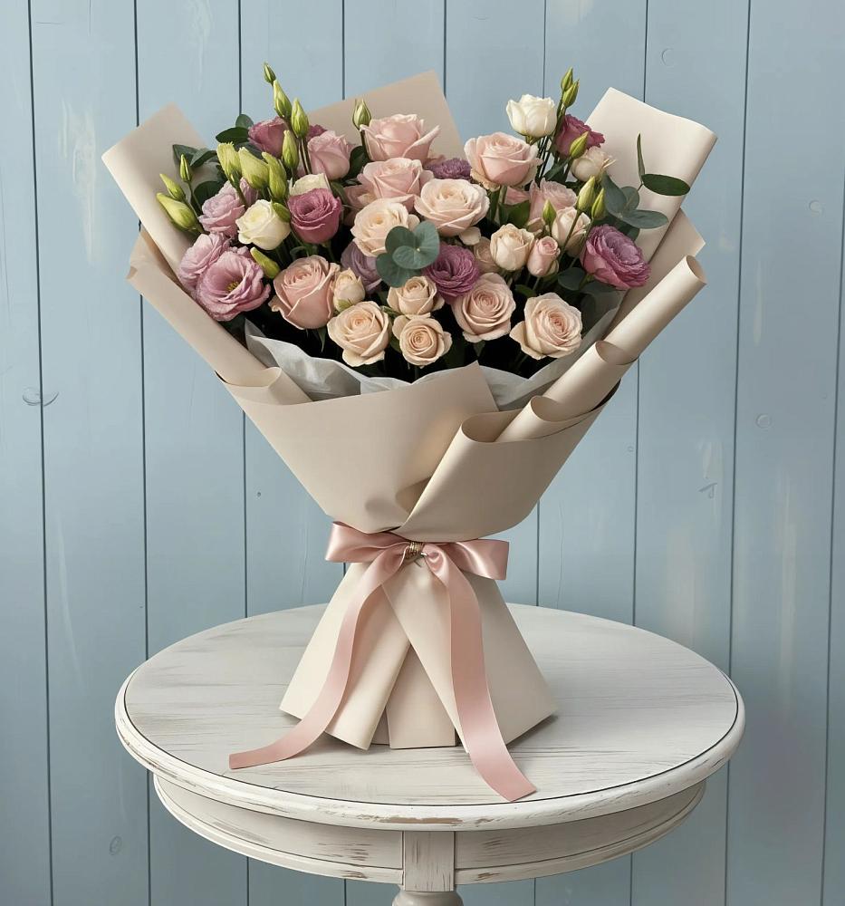 Букет бодрость в Курчатове Букет цветов из: Розы и Лизиантусы в Курчатове